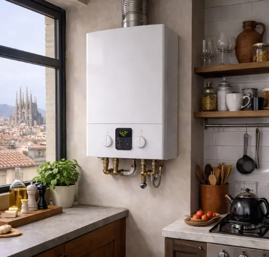 Calentador de agua doméstico en proceso de mantenimiento preventivo