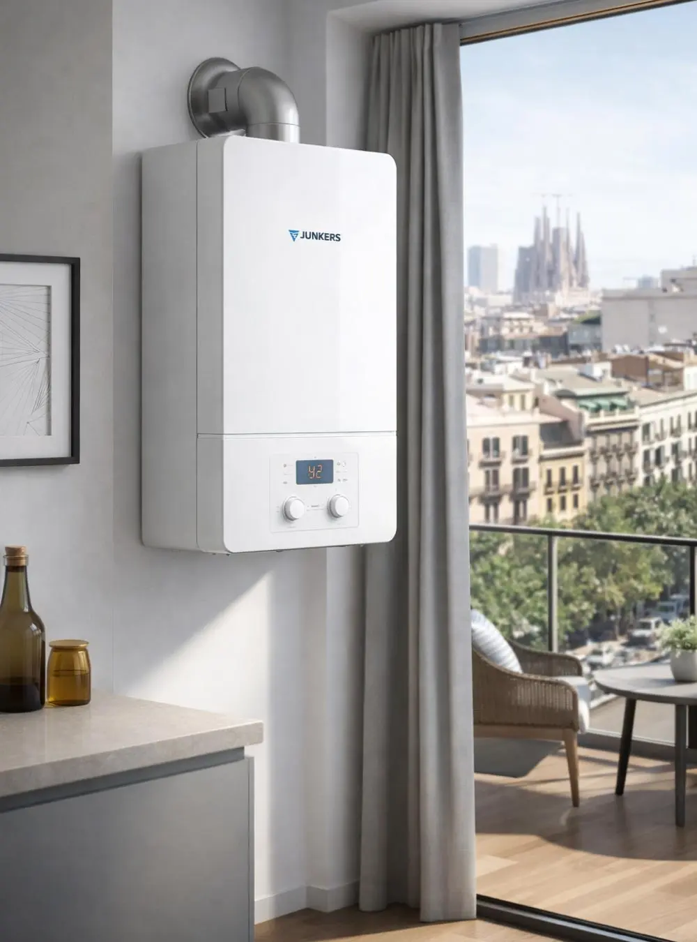 Caldera en una cocina en Barcelona antes de una reparación.