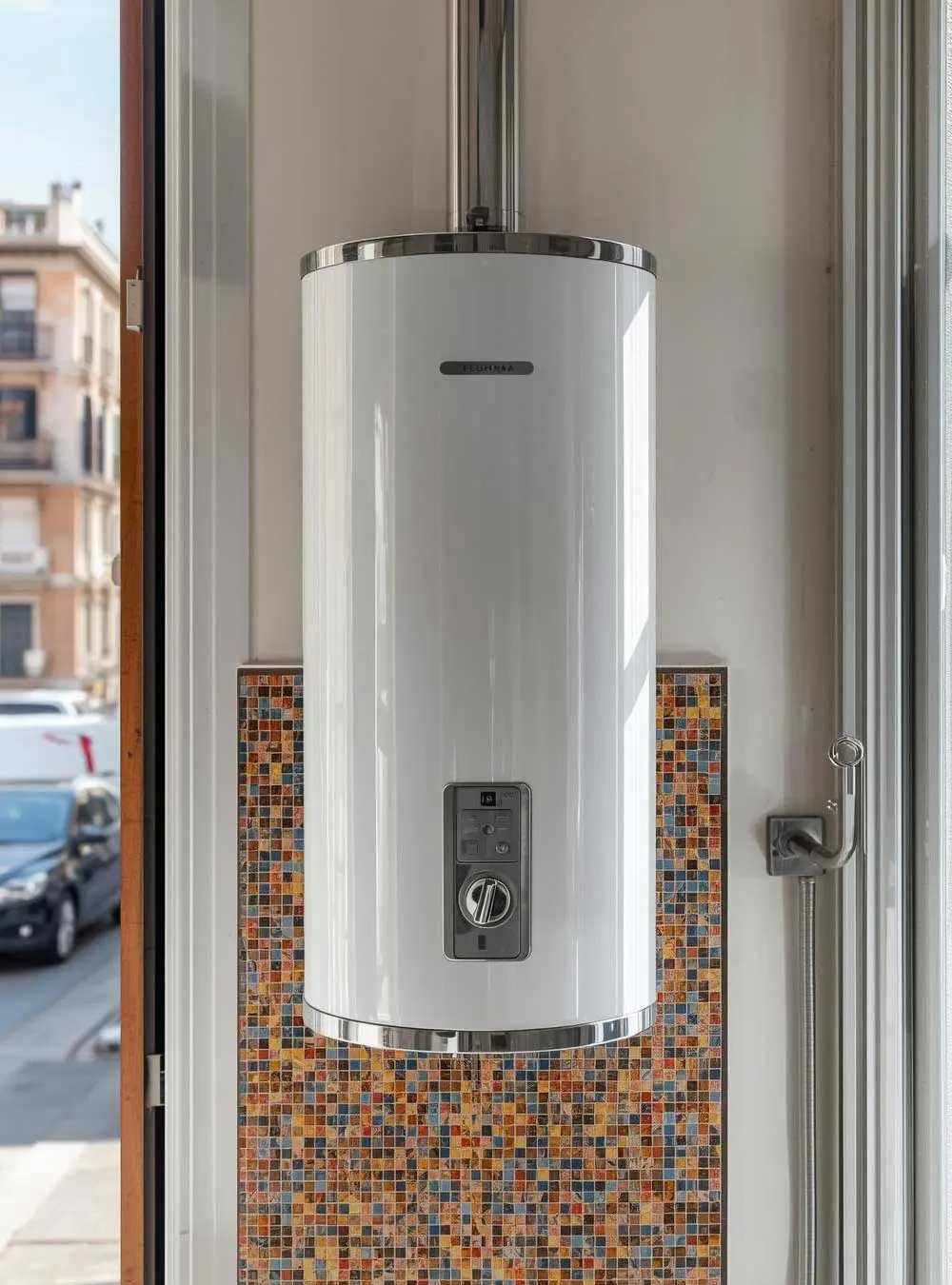 Termo eléctrico de agua en una cocina en Barcelona después de un mantenimiento.
