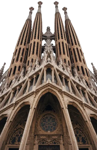 Vista arquitectónica de la Sagrada Familia en Barcelona con sus torres y fachada principal.