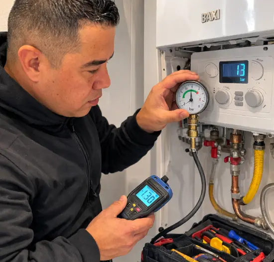 Técnico revisando presión de caldera de gas en L'Hospitalet